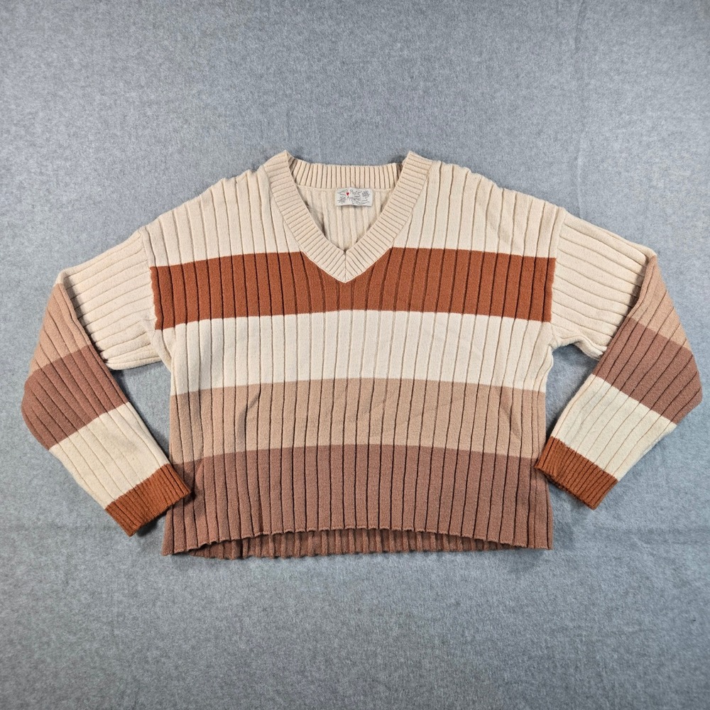 Poofs Apparel Womens V-Neck Ribbed Striped Sweater Earth Tones Large 256486
